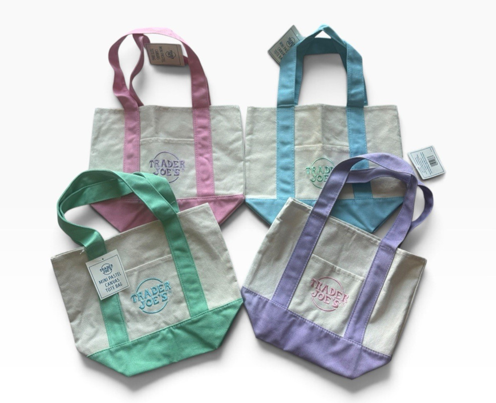 Trader Joe's Mini Pastel Canvas Tote Bags 2026 Set 4 NWT Pink Blue Green Purple!